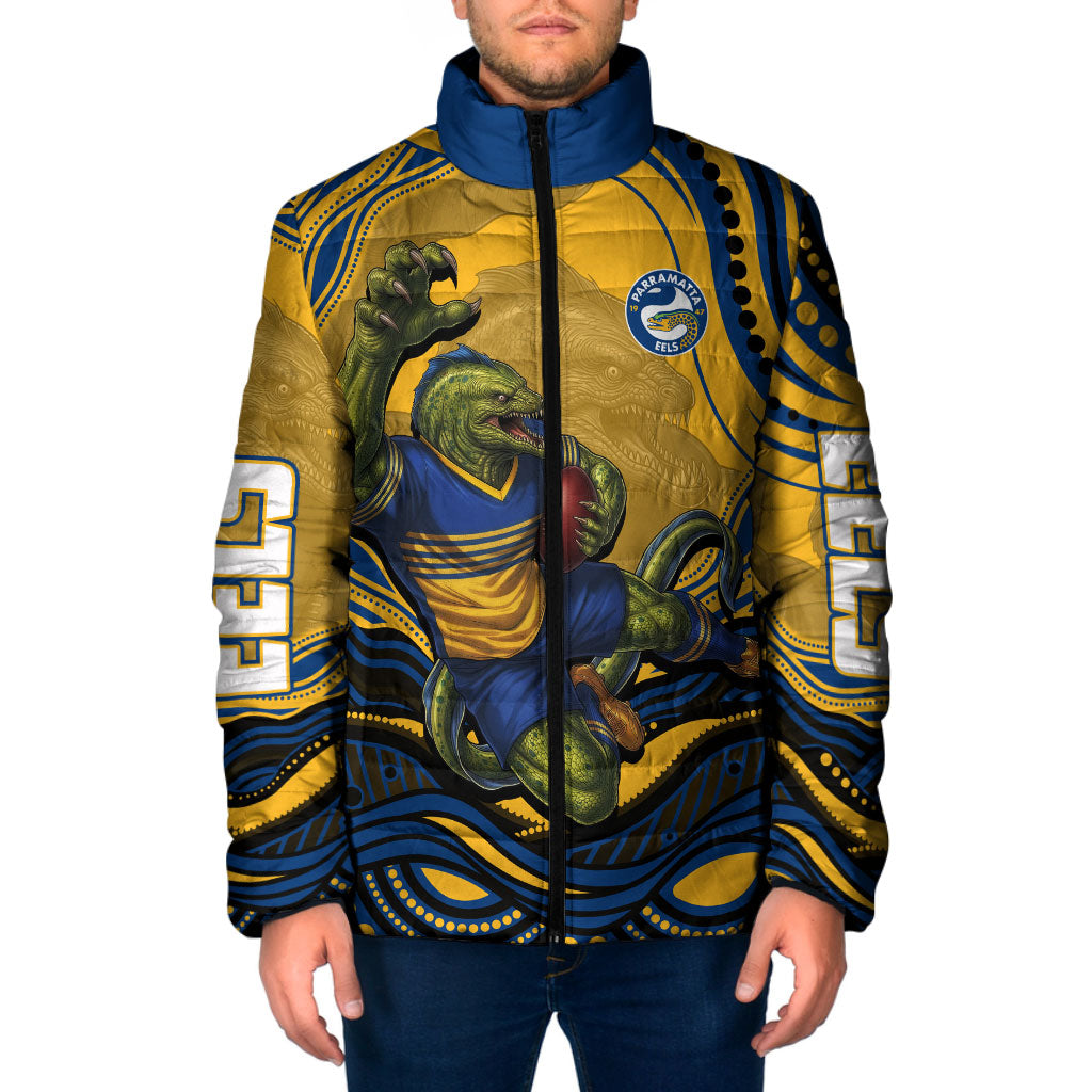 Personalized Parramatta Eels Padded Jacket Aboriginal Dot Art - Dreamtime Rugby Mascot