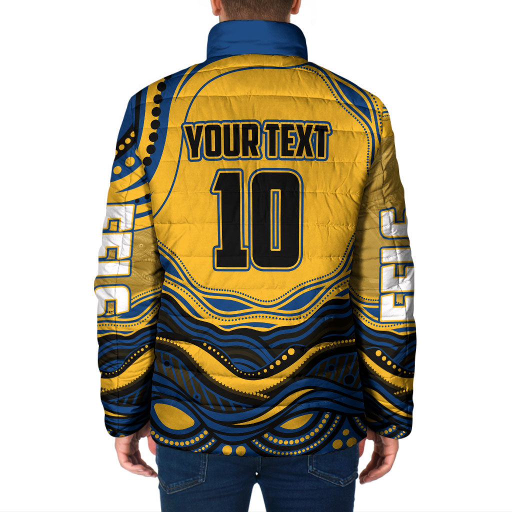Personalized Parramatta Eels Padded Jacket Aboriginal Dot Art - Dreamtime Rugby Mascot