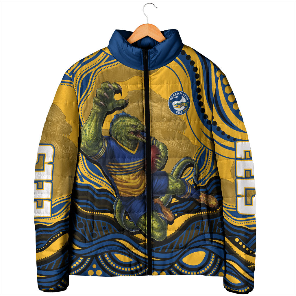 Personalized Parramatta Eels Padded Jacket Aboriginal Dot Art - Dreamtime Rugby Mascot