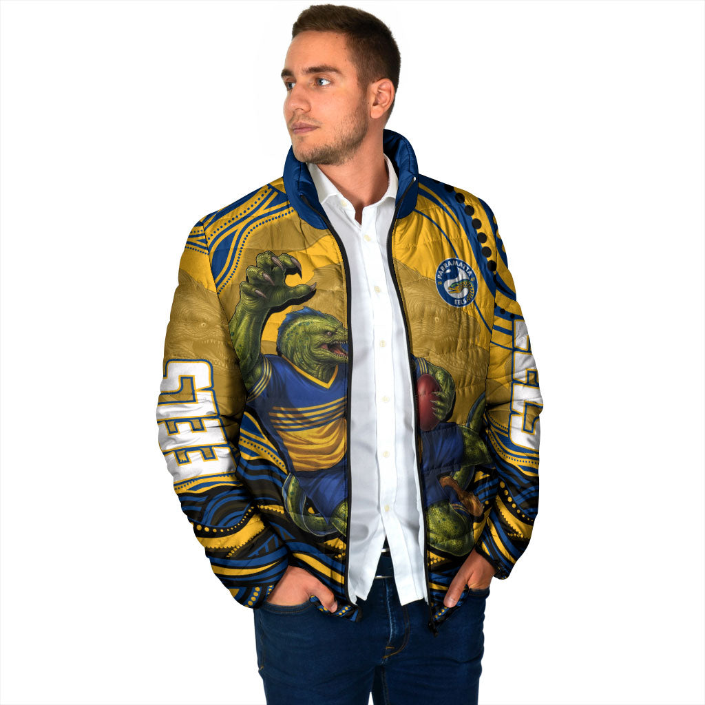 Personalized Parramatta Eels Padded Jacket Aboriginal Dot Art - Dreamtime Rugby Mascot