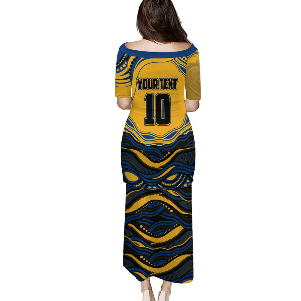 Personalized Parramatta Eels Puletasi Aboriginal Dot Art - Dreamtime Rugby Mascot