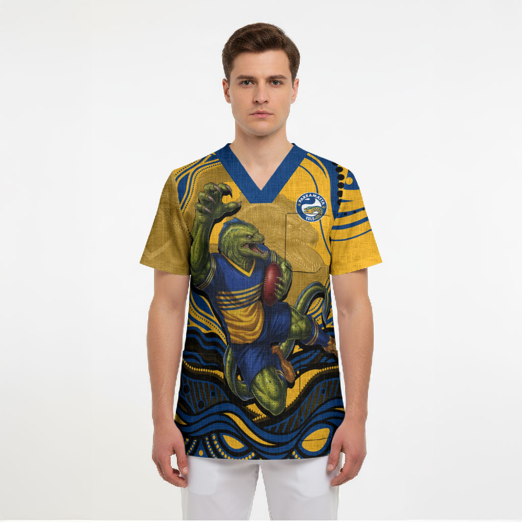 Personalized Parramatta Eels Scrub Top Aboriginal Dot Art - Dreamtime Rugby Mascot