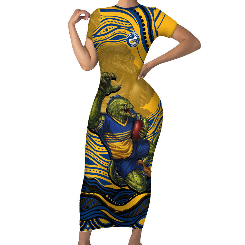 Personalized Parramatta Eels Short Sleeve Bodycon Dress Aboriginal Dot Art - Dreamtime Rugby Mascot