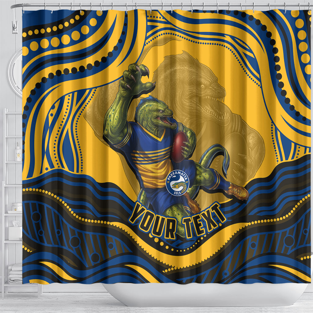 Personalized Parramatta Eels Shower Curtain Aboriginal Dot Art - Dreamtime Rugby Mascot