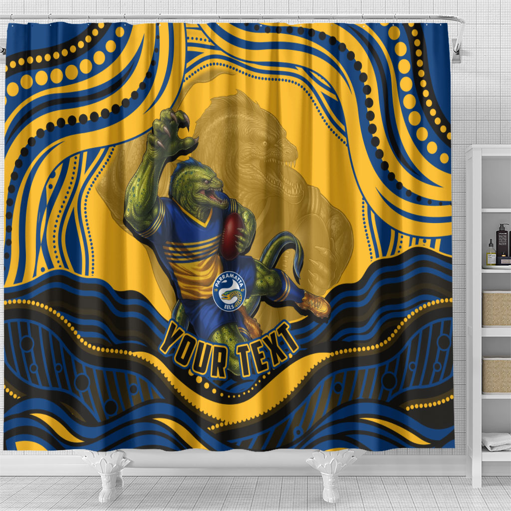 Personalized Parramatta Eels Shower Curtain Aboriginal Dot Art - Dreamtime Rugby Mascot