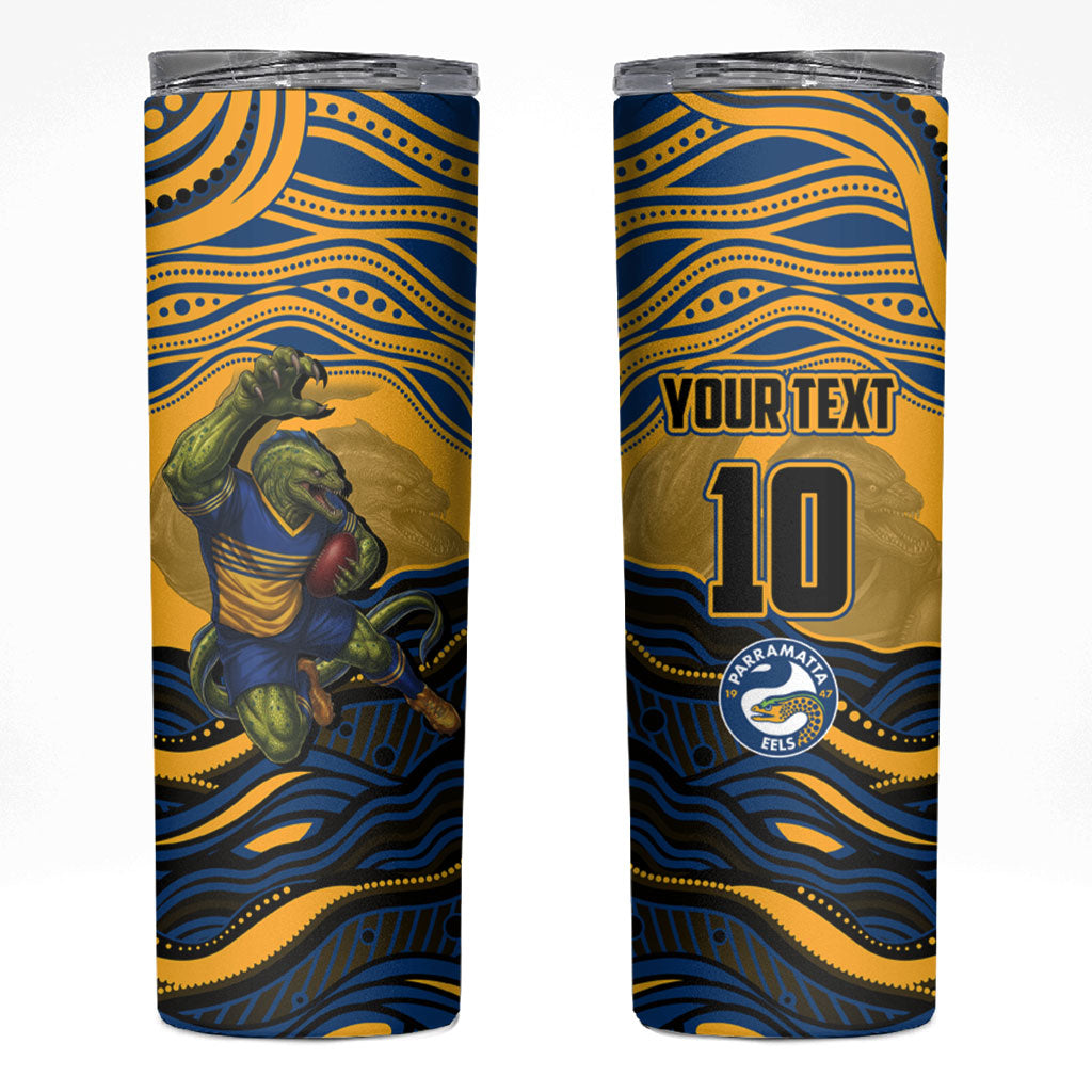 Personalized Parramatta Eels Skinny Tumbler Aboriginal Dot Art - Dreamtime Rugby Mascot
