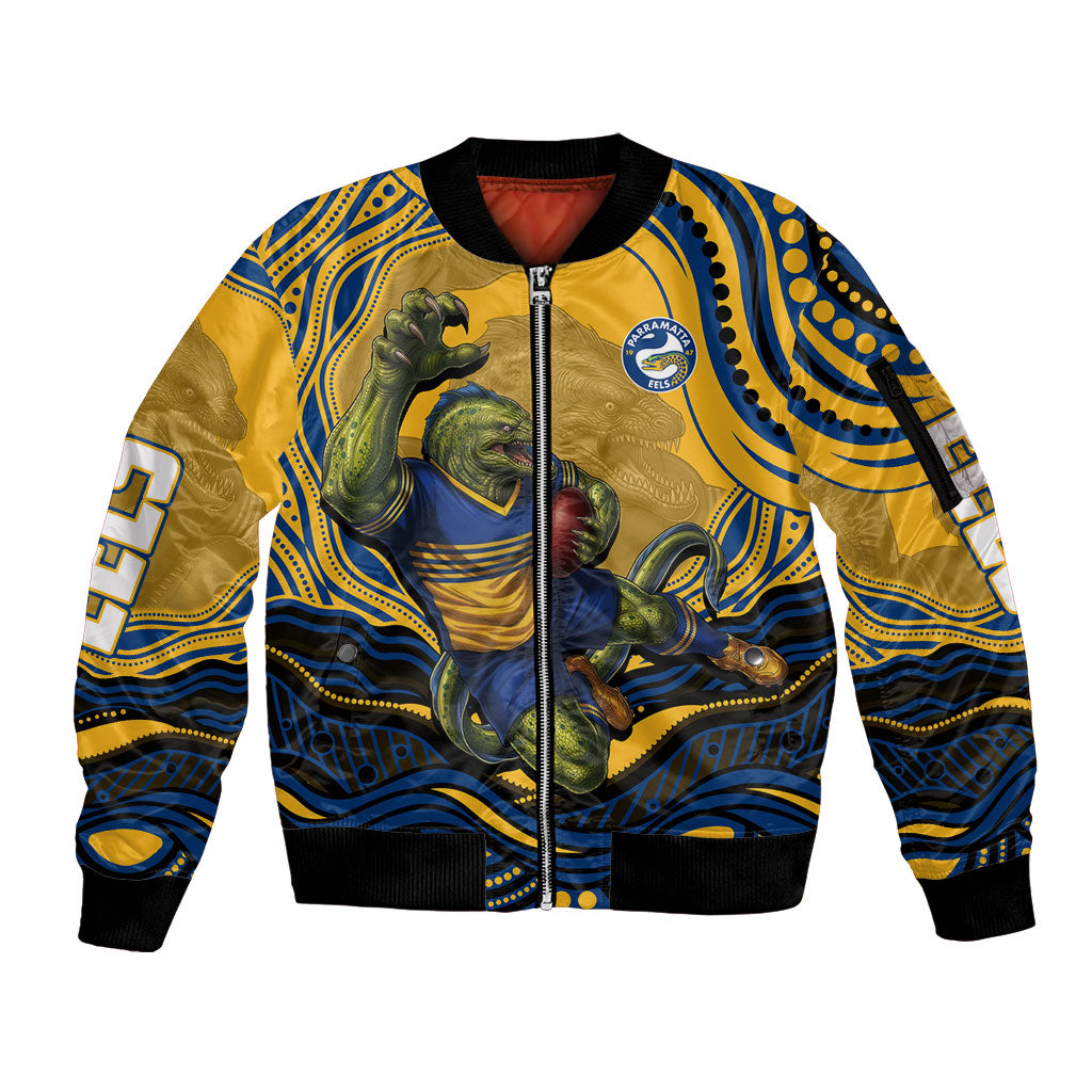Personalized Parramatta Eels Sleeve Zip Bomber Jacket Aboriginal Dot Art - Dreamtime Rugby Mascot
