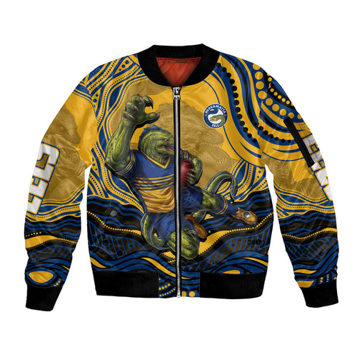 Personalized Parramatta Eels Sleeve Zip Bomber Jacket Aboriginal Dot Art - Dreamtime Rugby Mascot