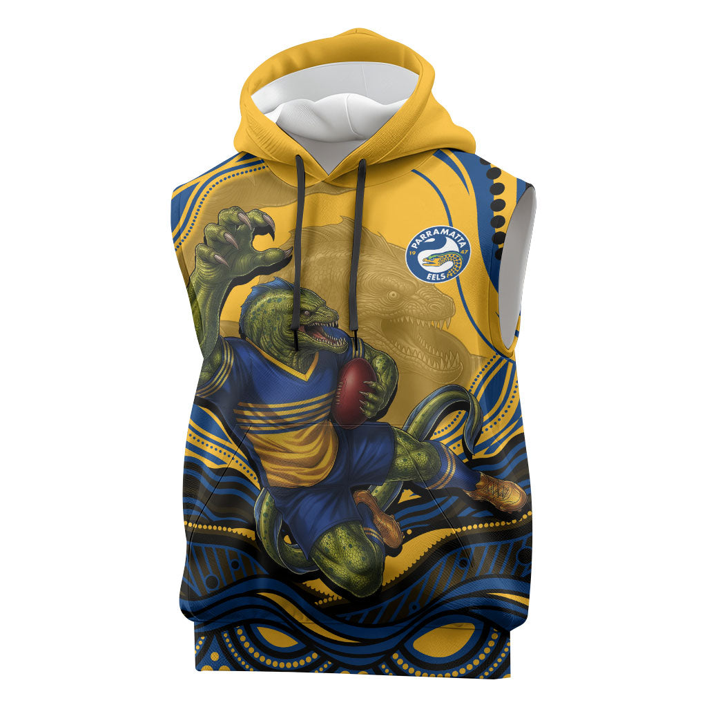 Personalized Parramatta Eels Sleeveless Hoodie Aboriginal Dot Art - Dreamtime Rugby Mascot