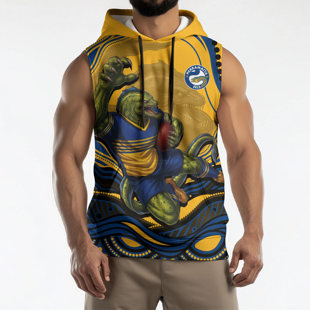 Personalized Parramatta Eels Sleeveless Hoodie Aboriginal Dot Art - Dreamtime Rugby Mascot