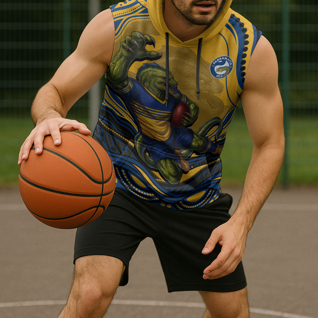 Personalized Parramatta Eels Sleeveless Hoodie Aboriginal Dot Art - Dreamtime Rugby Mascot