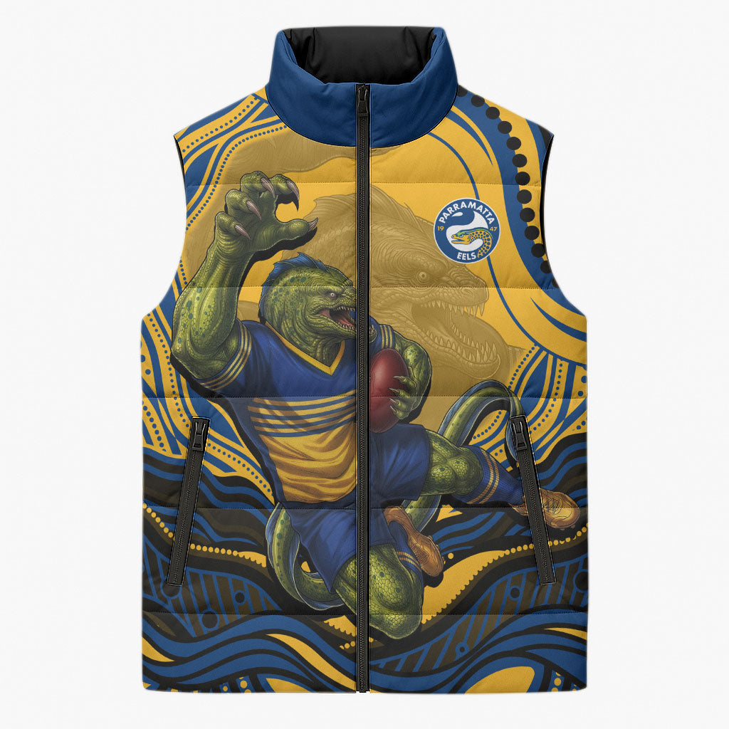 Personalized Parramatta Eels Sleeveless Puffer Jacket Aboriginal Dot Art - Dreamtime Rugby Mascot