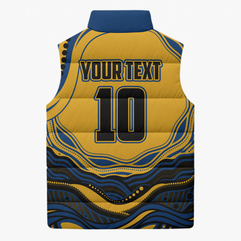 Personalized Parramatta Eels Sleeveless Puffer Jacket Aboriginal Dot Art - Dreamtime Rugby Mascot