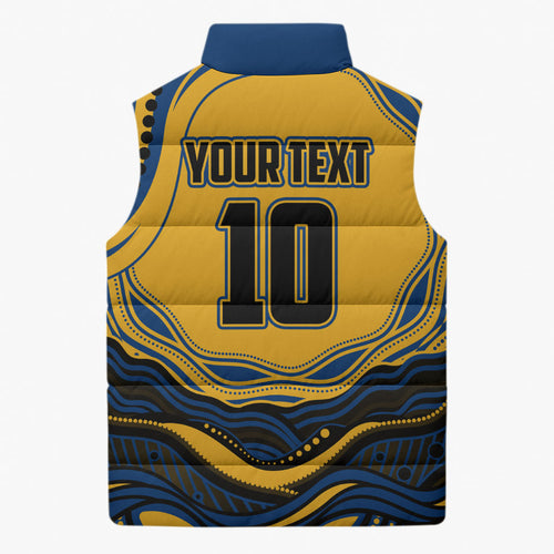 Personalized Parramatta Eels Sleeveless Puffer Jacket Aboriginal Dot Art - Dreamtime Rugby Mascot