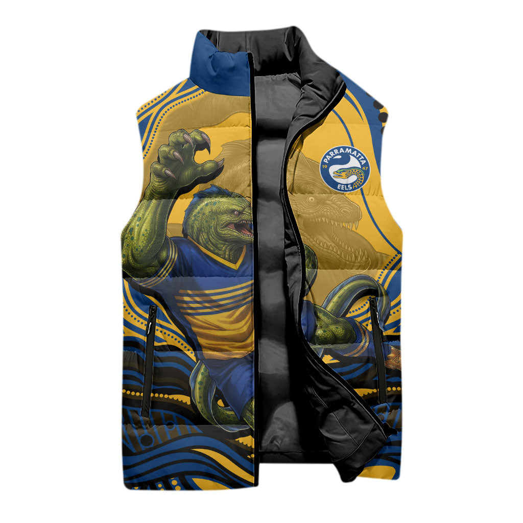 Personalized Parramatta Eels Sleeveless Puffer Jacket Aboriginal Dot Art - Dreamtime Rugby Mascot