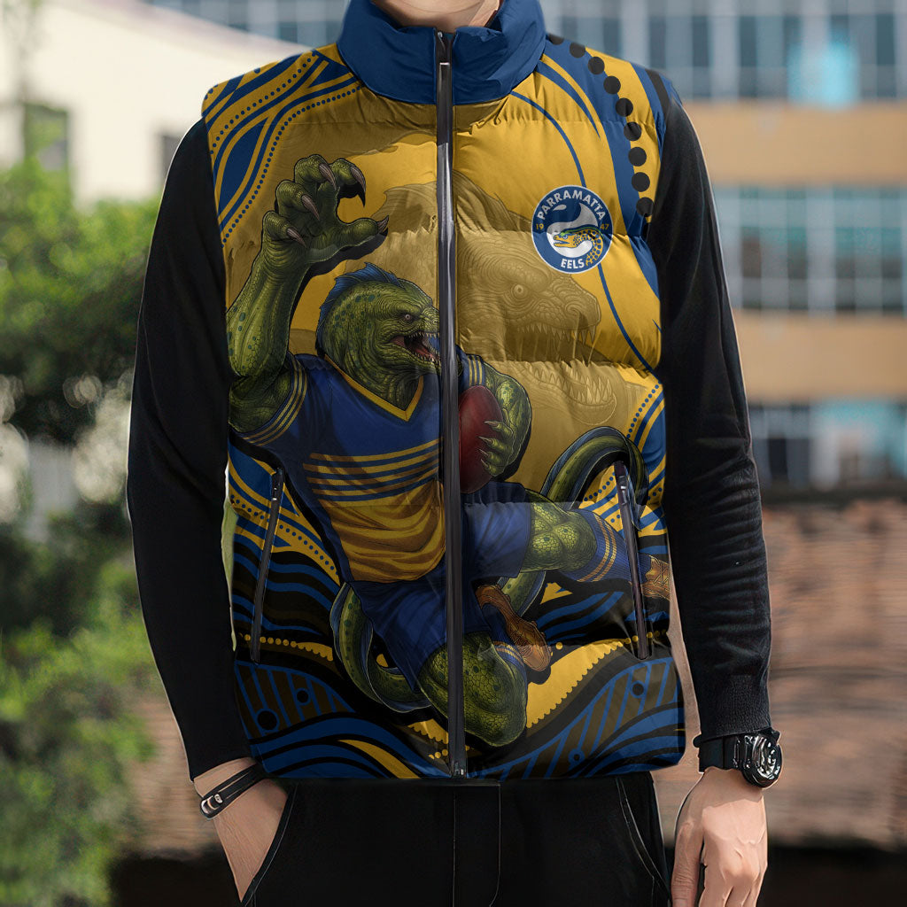 Personalized Parramatta Eels Sleeveless Puffer Jacket Aboriginal Dot Art - Dreamtime Rugby Mascot
