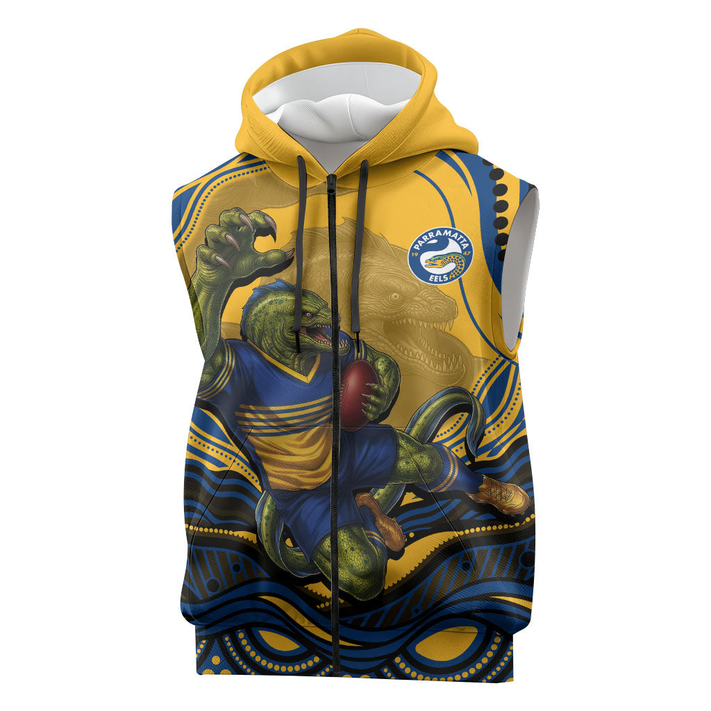 Personalized Parramatta Eels Sleeveless Zip Hoodie Aboriginal Dot Art - Dreamtime Rugby Mascot