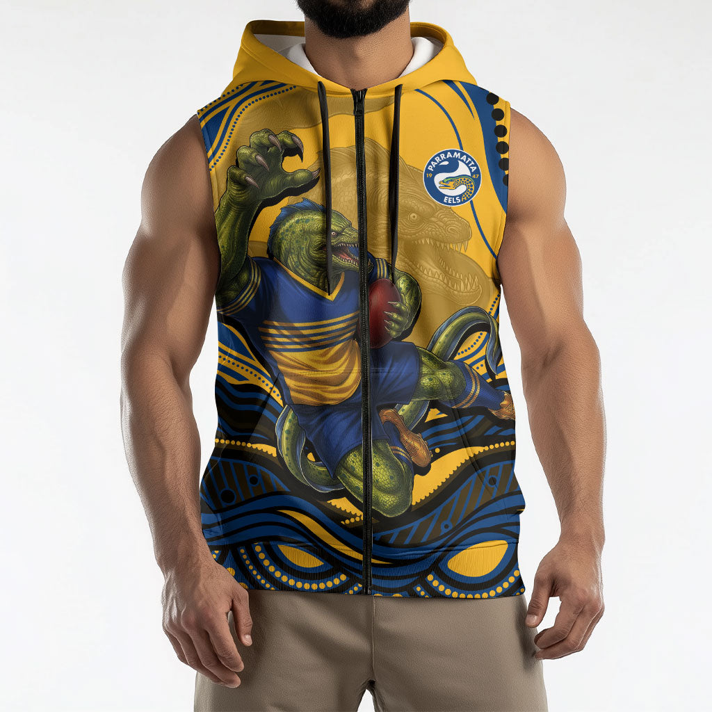 Personalized Parramatta Eels Sleeveless Zip Hoodie Aboriginal Dot Art - Dreamtime Rugby Mascot