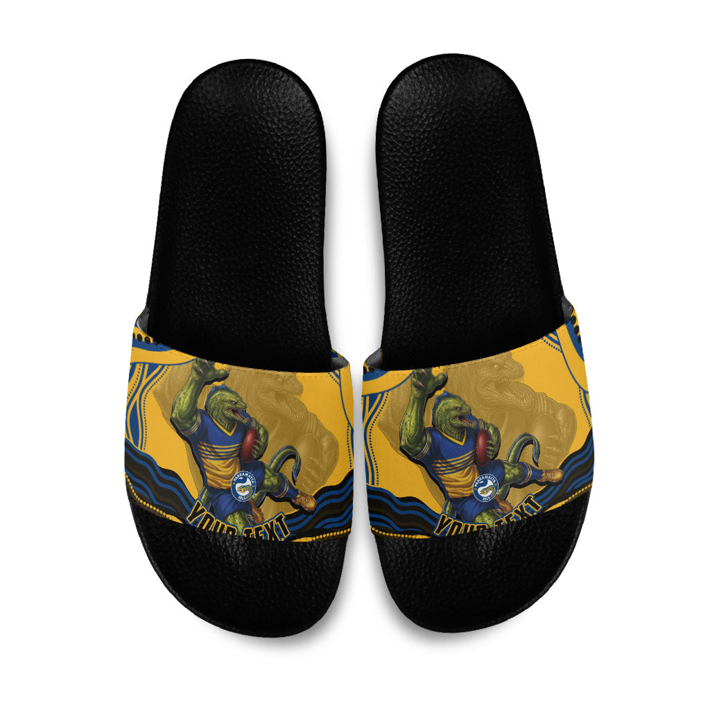 Personalized Parramatta Eels Slide Sandals Aboriginal Dot Art - Dreamtime Rugby Mascot