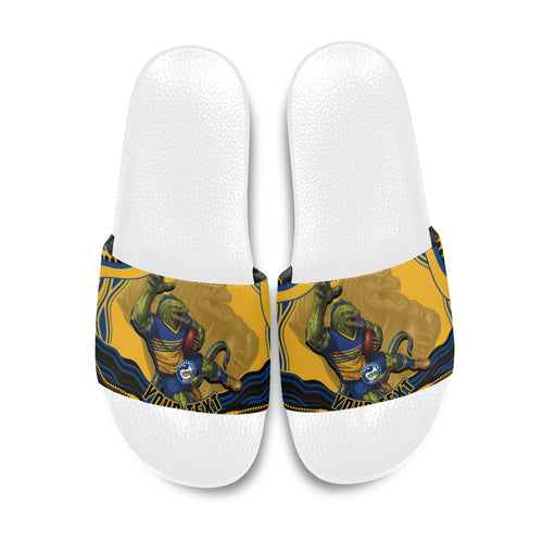 Personalized Parramatta Eels Slide Sandals Aboriginal Dot Art - Dreamtime Rugby Mascot