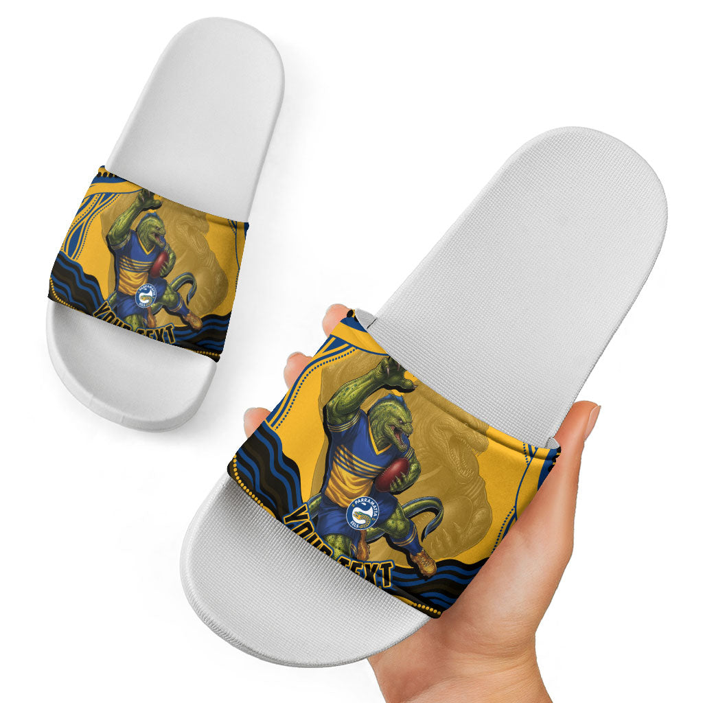 Personalized Parramatta Eels Slide Sandals Aboriginal Dot Art - Dreamtime Rugby Mascot