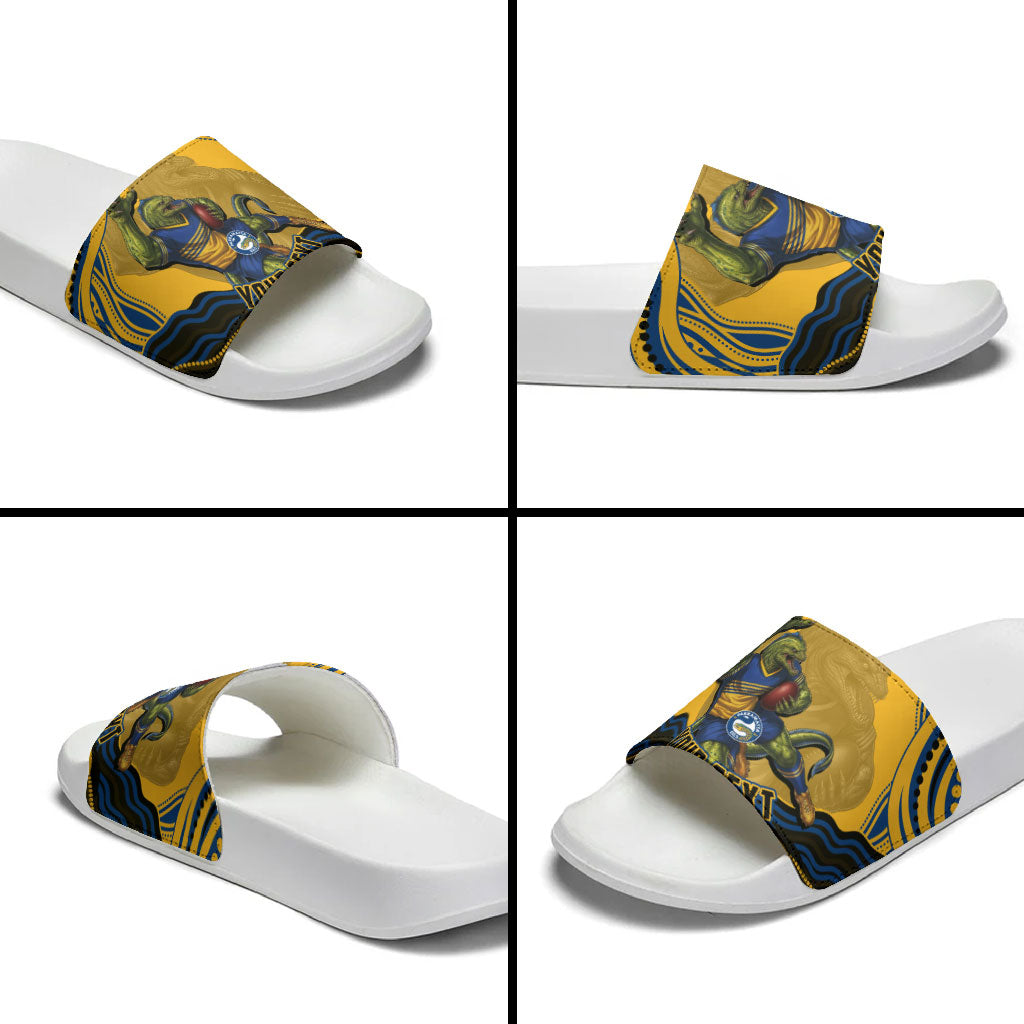 Personalized Parramatta Eels Slide Sandals Aboriginal Dot Art - Dreamtime Rugby Mascot