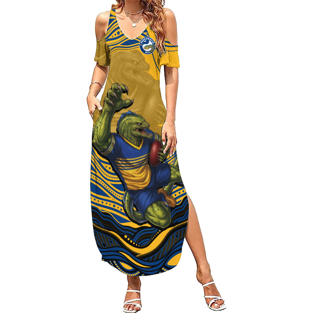 Personalized Parramatta Eels Summer Maxi Dress Aboriginal Dot Art - Dreamtime Rugby Mascot