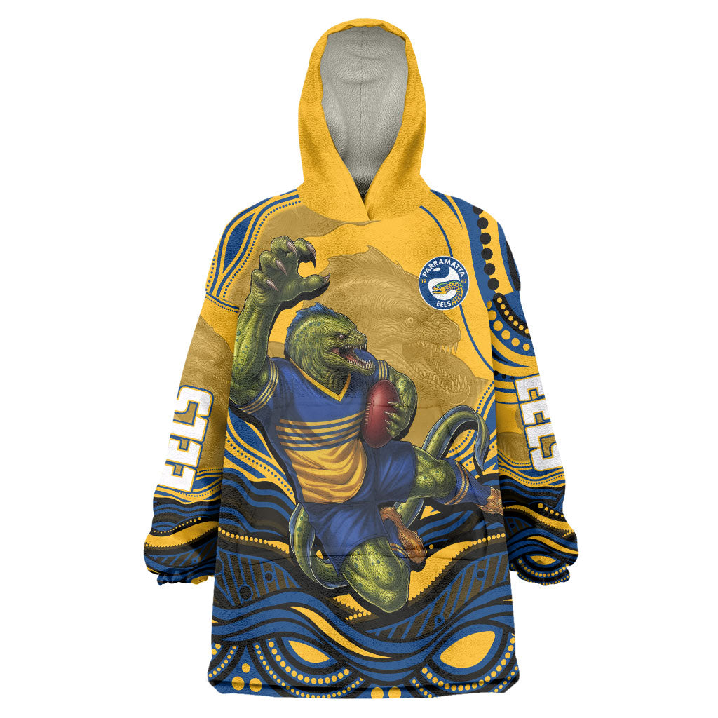 Personalized Parramatta Eels Wearable Blanket Hoodie Aboriginal Dot Art - Dreamtime Rugby Mascot