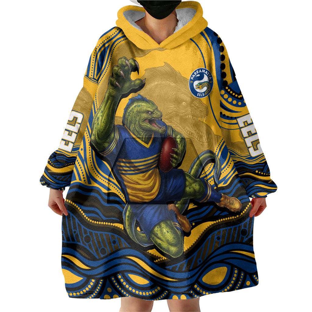 Personalized Parramatta Eels Wearable Blanket Hoodie Aboriginal Dot Art - Dreamtime Rugby Mascot
