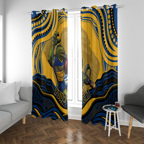 Personalized Parramatta Eels Window Curtain Aboriginal Dot Art - Dreamtime Rugby Mascot