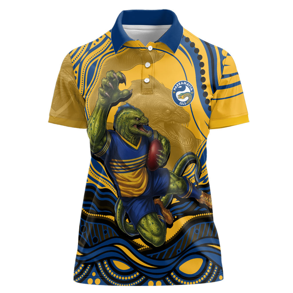 Personalized Parramatta Eels Women Polo Shirt Aboriginal Dot Art - Dreamtime Rugby Mascot