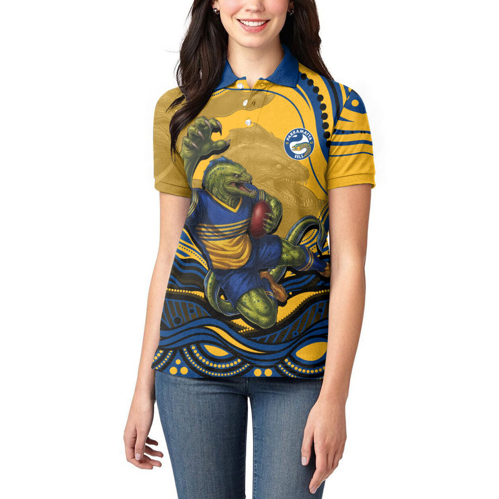 Personalized Parramatta Eels Women Polo Shirt Aboriginal Dot Art - Dreamtime Rugby Mascot