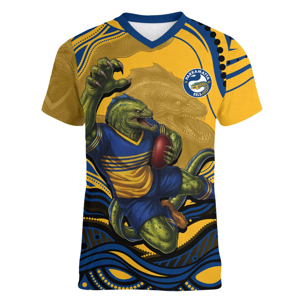 Personalized Parramatta Eels Women V-Neck T-Shirt Aboriginal Dot Art - Dreamtime Rugby Mascot