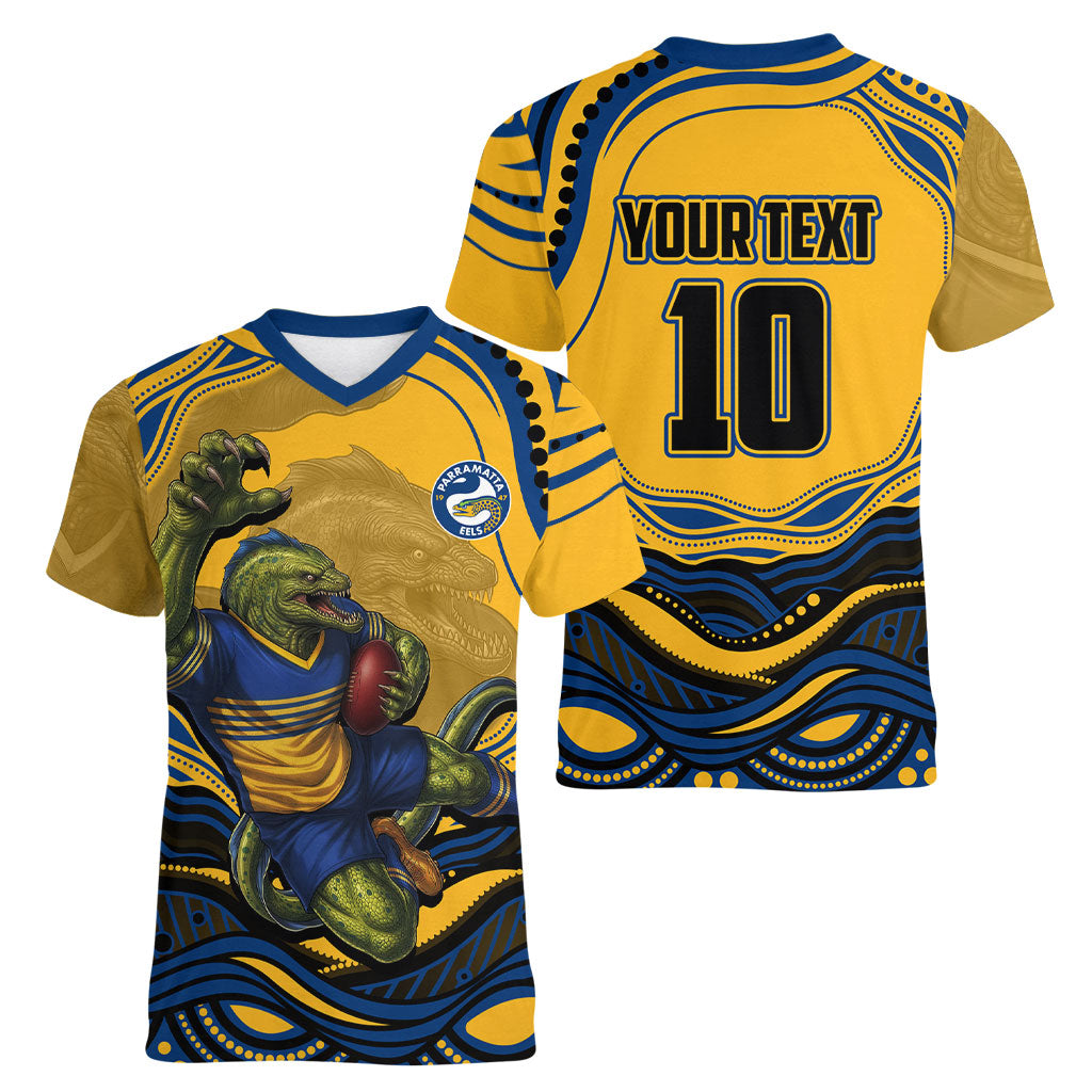 Personalized Parramatta Eels Women V-Neck T-Shirt Aboriginal Dot Art - Dreamtime Rugby Mascot