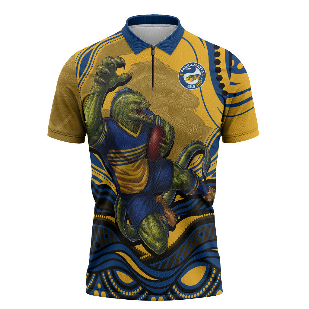 Personalized Parramatta Eels Zipper Polo Shirt Aboriginal Dot Art - Dreamtime Rugby Mascot