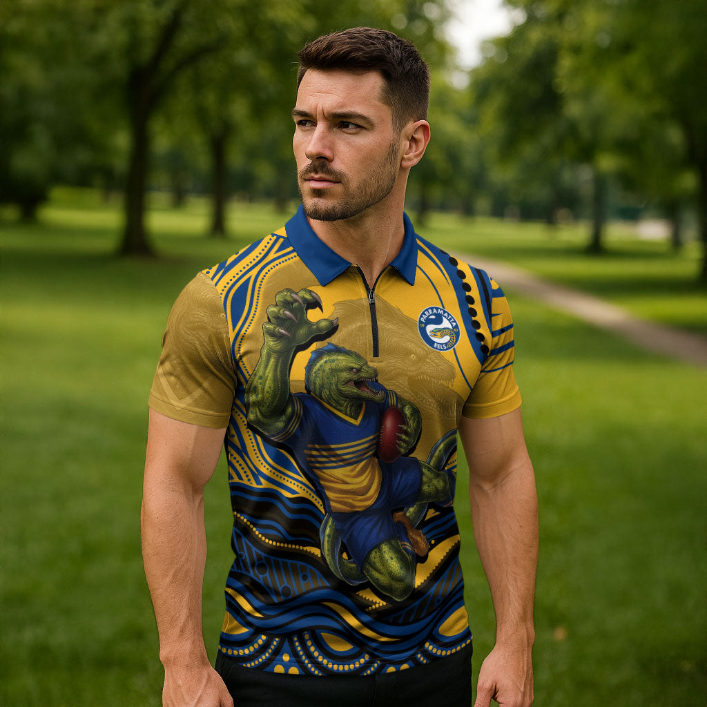 Personalized Parramatta Eels Zipper Polo Shirt Aboriginal Dot Art - Dreamtime Rugby Mascot