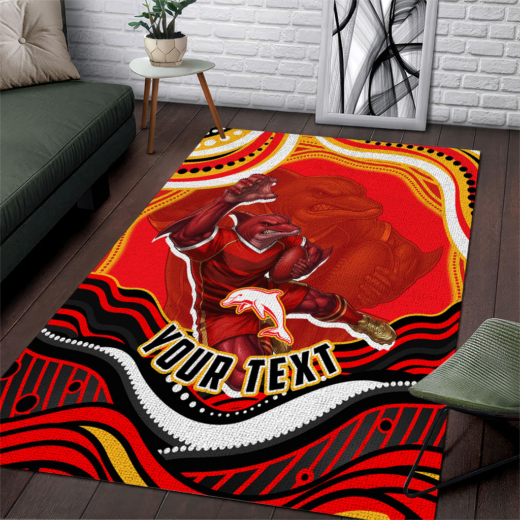 Personalized Redcliffe Dolphins Area Rug Aboriginal Dot Art - Dreamtime Rugby Mascot