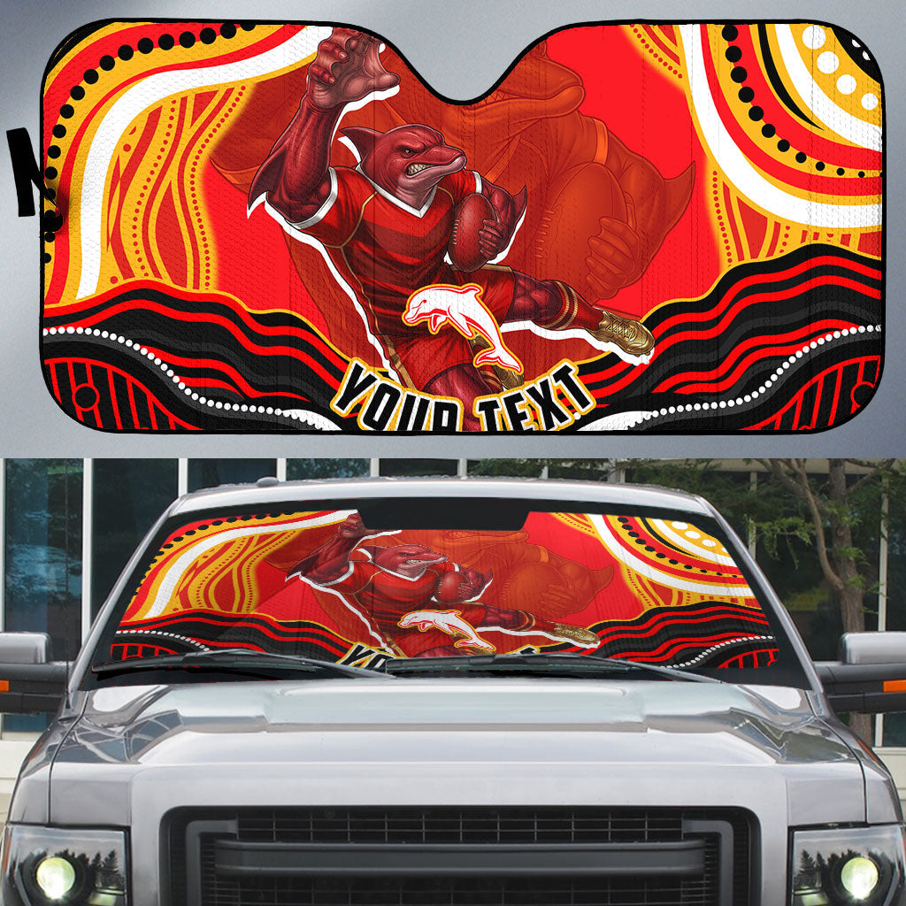 Personalized Redcliffe Dolphins Auto Sun Shade Aboriginal Dot Art - Dreamtime Rugby Mascot