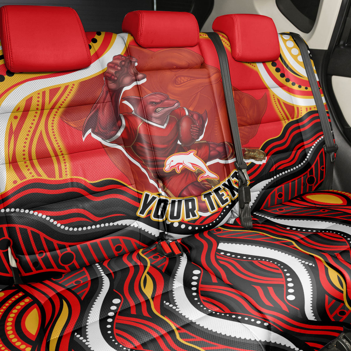Personalized Redcliffe Dolphins Back Car Seat Cover Aboriginal Dot Art - Dreamtime Rugby Mascot