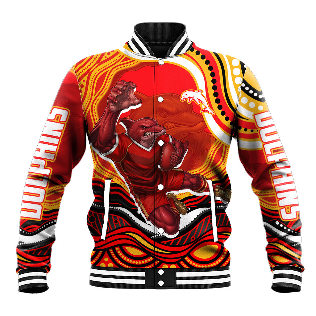 Personalized Redcliffe Dolphins Baseball Jacket Aboriginal Dot Art - Dreamtime Rugby Mascot