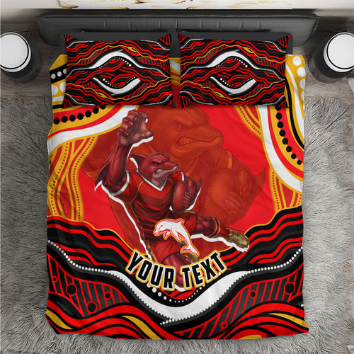 Personalized Redcliffe Dolphins Bedding Set Aboriginal Dot Art - Dreamtime Rugby Mascot