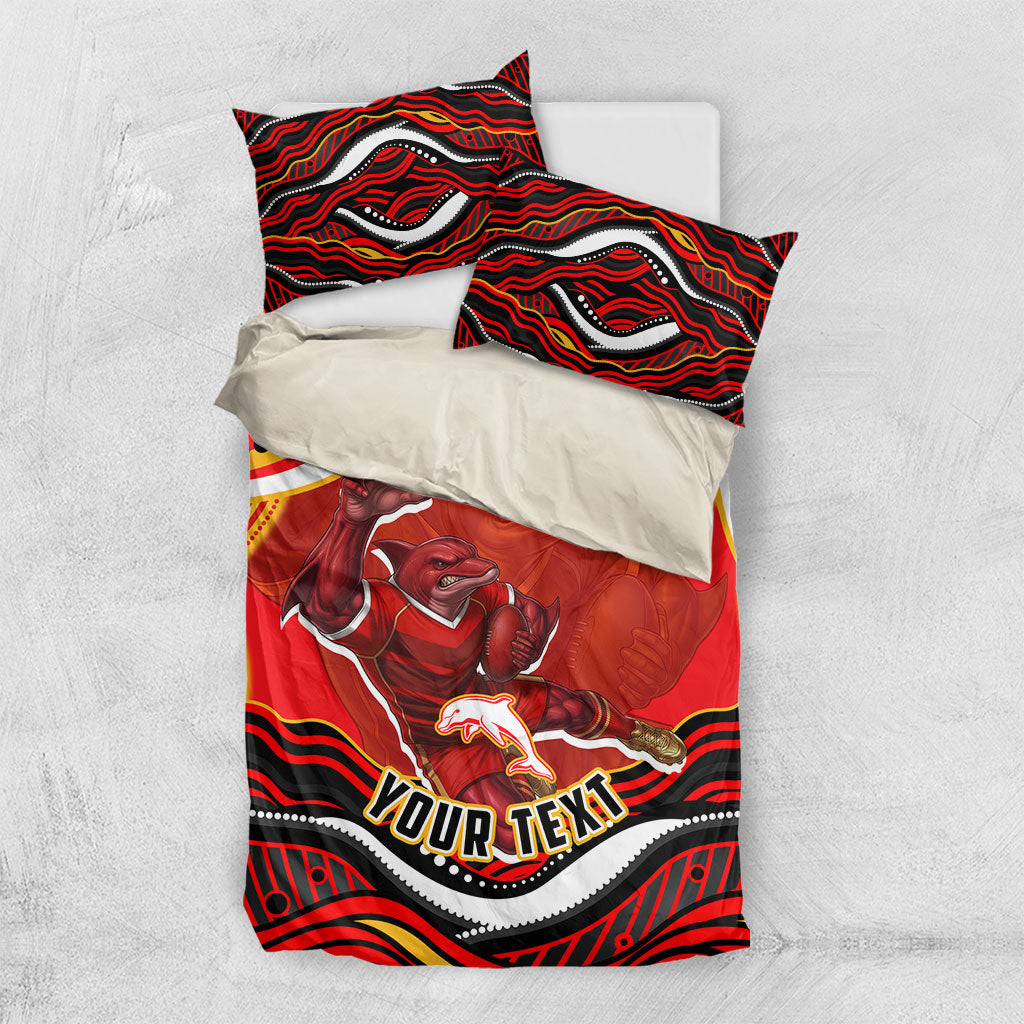 Personalized Redcliffe Dolphins Bedding Set Aboriginal Dot Art - Dreamtime Rugby Mascot