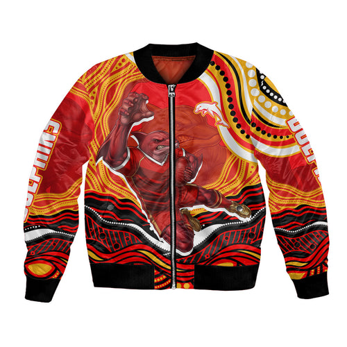 Personalized Redcliffe Dolphins Bomber Jacket Aboriginal Dot Art - Dreamtime Rugby Mascot
