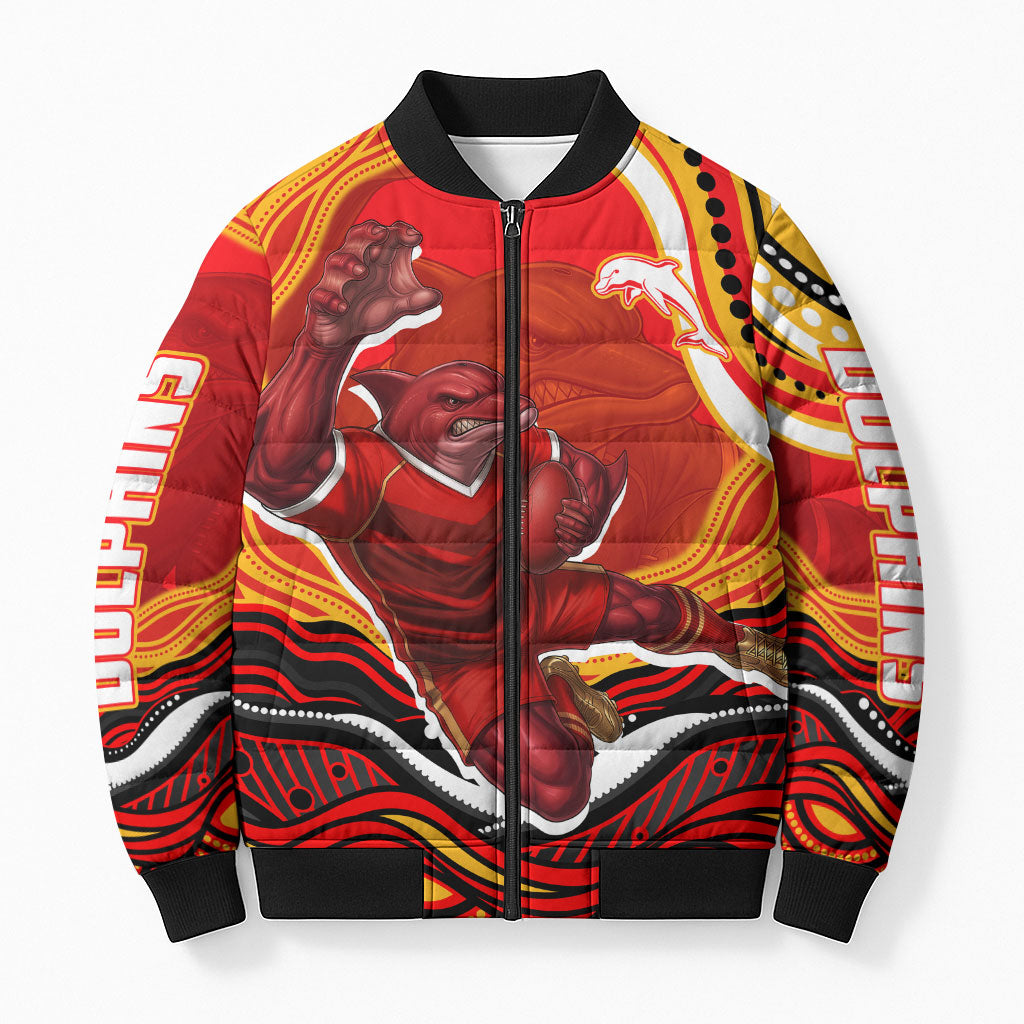 Personalized Redcliffe Dolphins Bomber Puffer Jacket Aboriginal Dot Art - Dreamtime Rugby Mascot