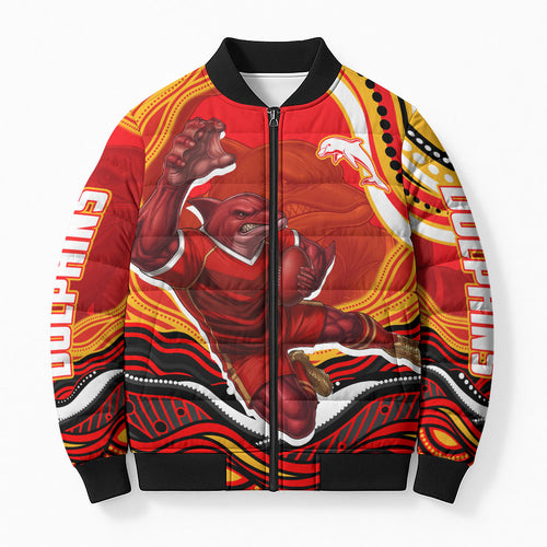 Personalized Redcliffe Dolphins Bomber Puffer Jacket Aboriginal Dot Art - Dreamtime Rugby Mascot