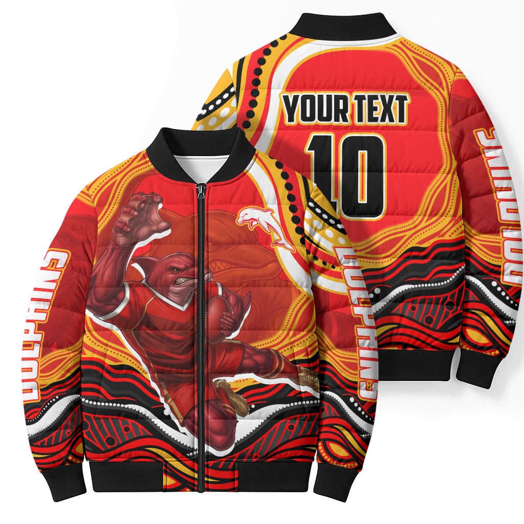 Personalized Redcliffe Dolphins Bomber Puffer Jacket Aboriginal Dot Art - Dreamtime Rugby Mascot