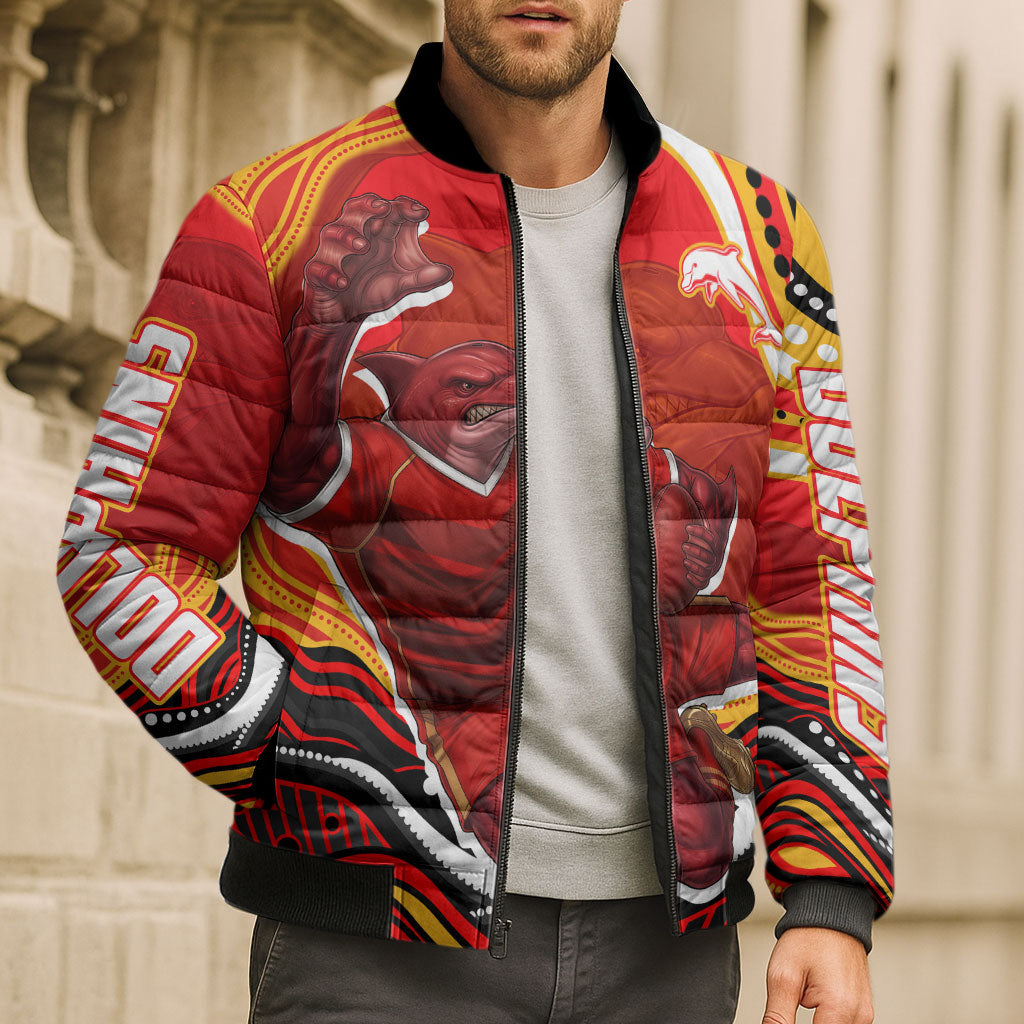 Personalized Redcliffe Dolphins Bomber Puffer Jacket Aboriginal Dot Art - Dreamtime Rugby Mascot