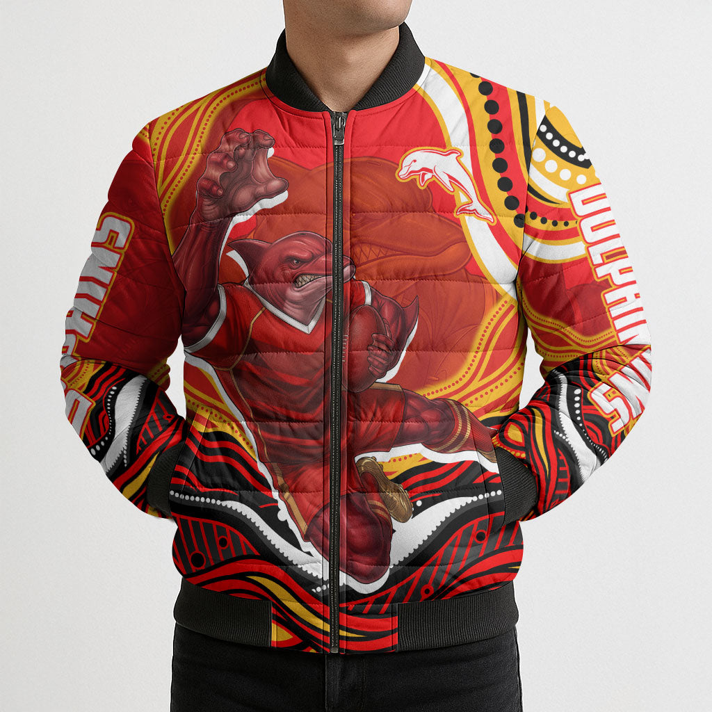 Personalized Redcliffe Dolphins Bomber Puffer Jacket Aboriginal Dot Art - Dreamtime Rugby Mascot