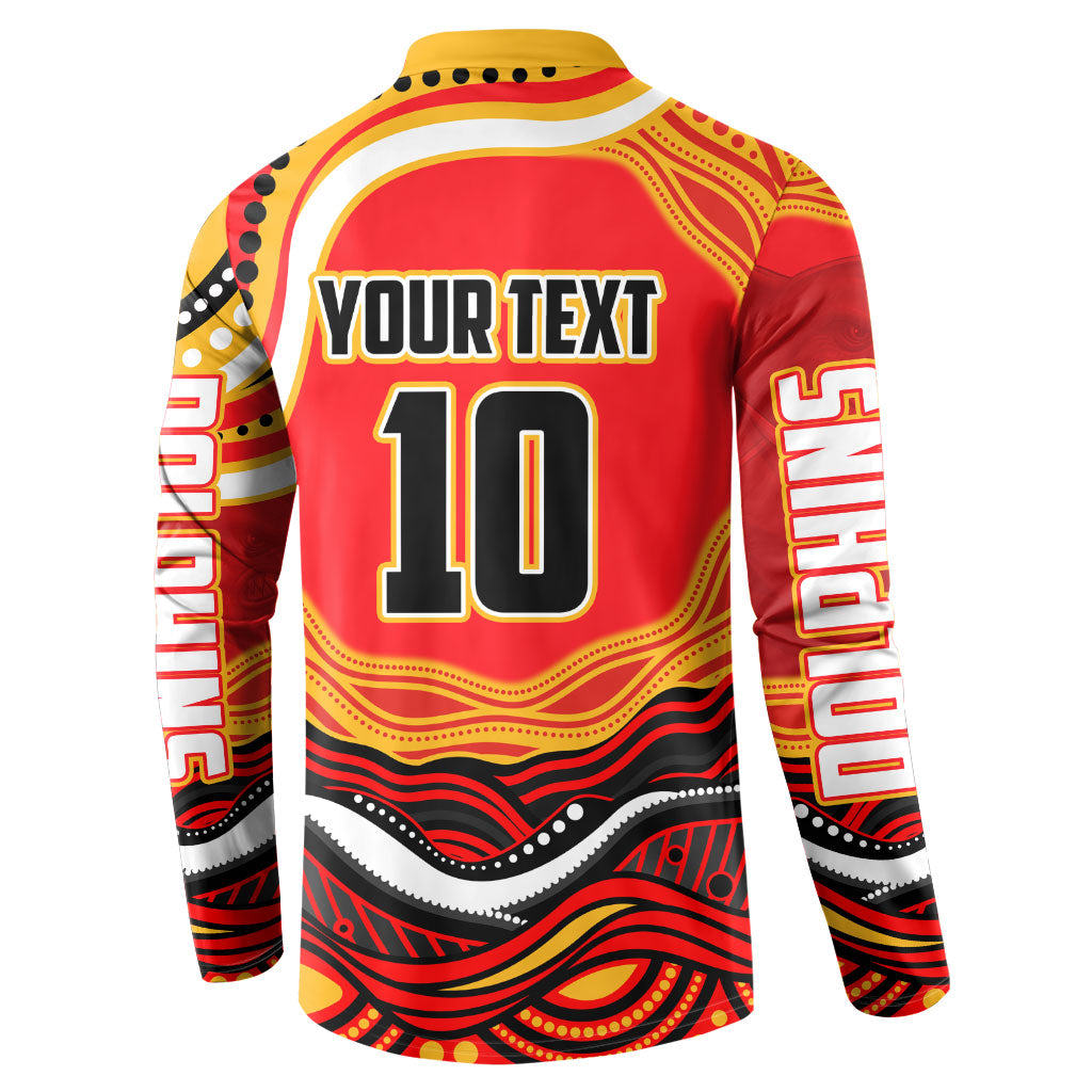 Personalized Redcliffe Dolphins Button Sweatshirt Aboriginal Dot Art - Dreamtime Rugby Mascot