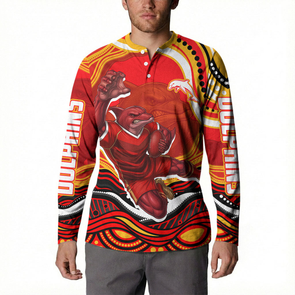Personalized Redcliffe Dolphins Button Sweatshirt Aboriginal Dot Art - Dreamtime Rugby Mascot
